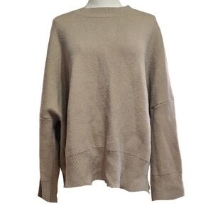 +KG+++ Womens Oversized Crewneck Sweater Tan Beige Drop Shoulder Split Hem L/XL